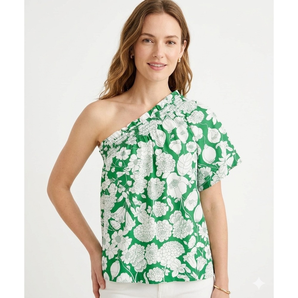 J.Crew One Shoulder Floral Top L Kelly Green Smocked Cotton Poplin Cottagecore - Picture 14 of 14